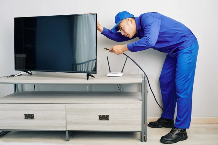 Fernsehtechniker schließt Kabel-TV und Empfangstechnik an