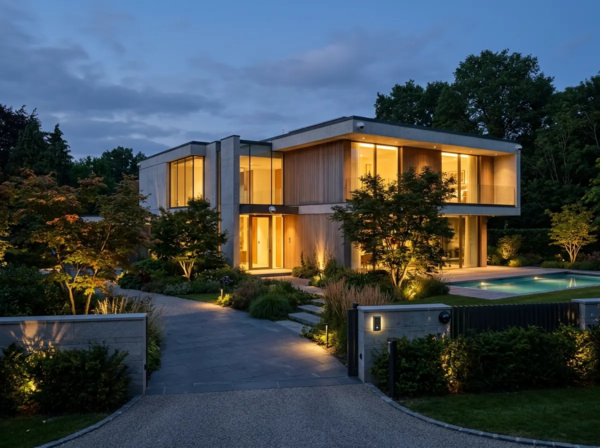 Rundum abgesichertes modernes Wohnhaus bei Nacht